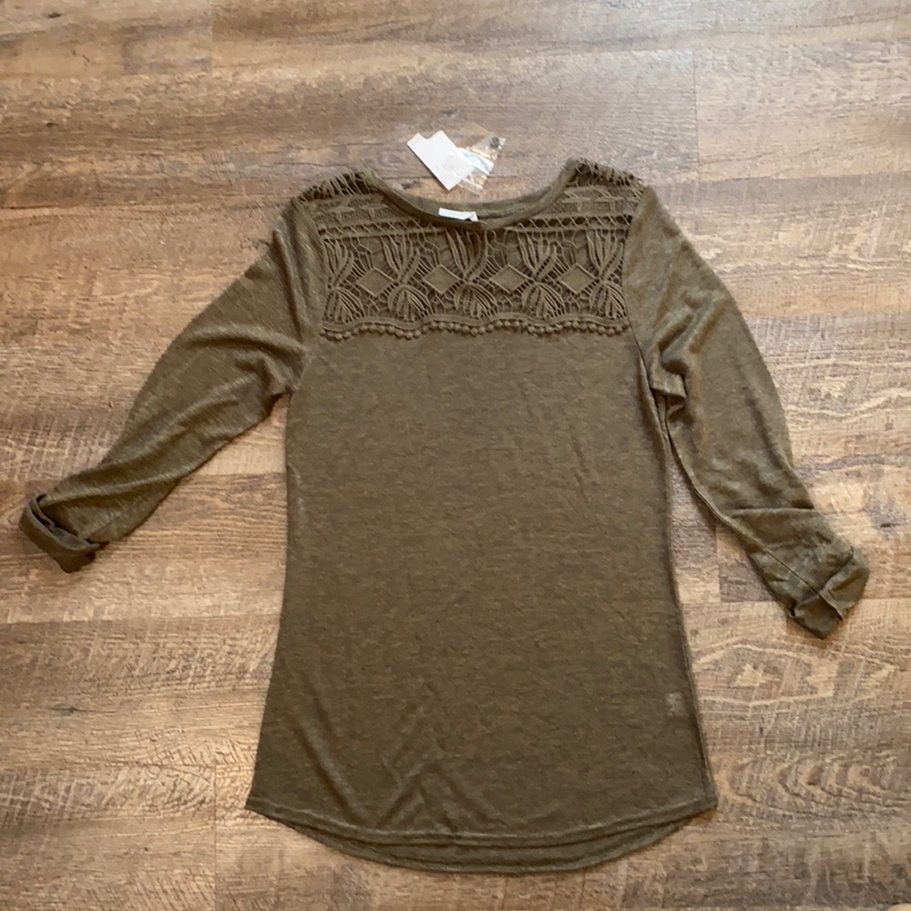 Olive green top with open lace detail